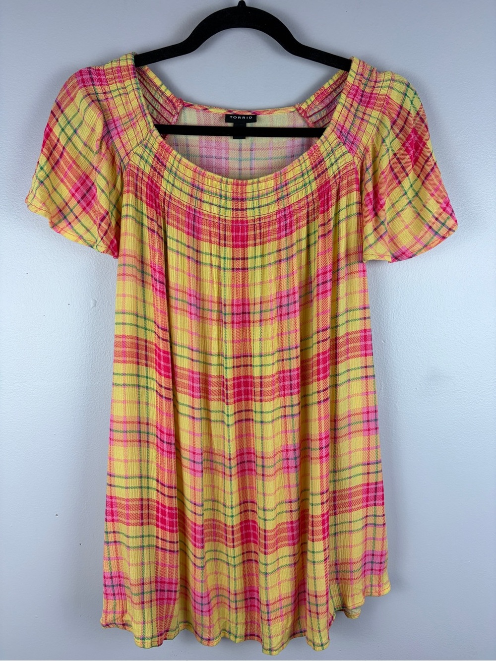 Torrid Size 2X Yellow Pink Plaid Rayon Babydoll Swing Tunic Top